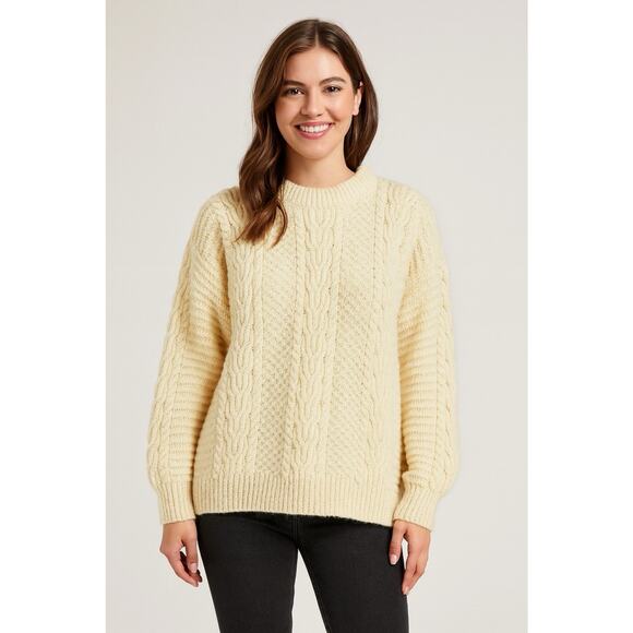 Blarney Woollen Mills Handknit Aran Sweater M 100% Wool Cream Ireland Fisherman - Picture 1 of 13